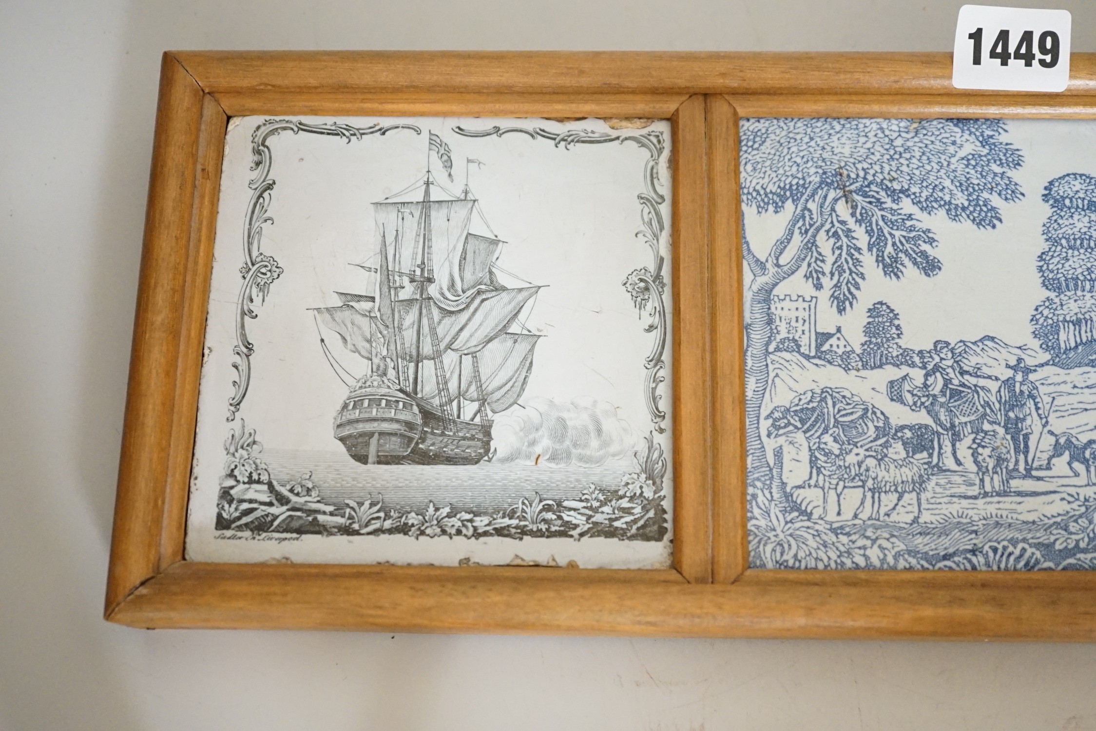 Two John Sadler Liverpool delftware black transfer printed tiles, c.1770 and a blue printed tile, in the same wooden mount. Overall 16 x 45cm
